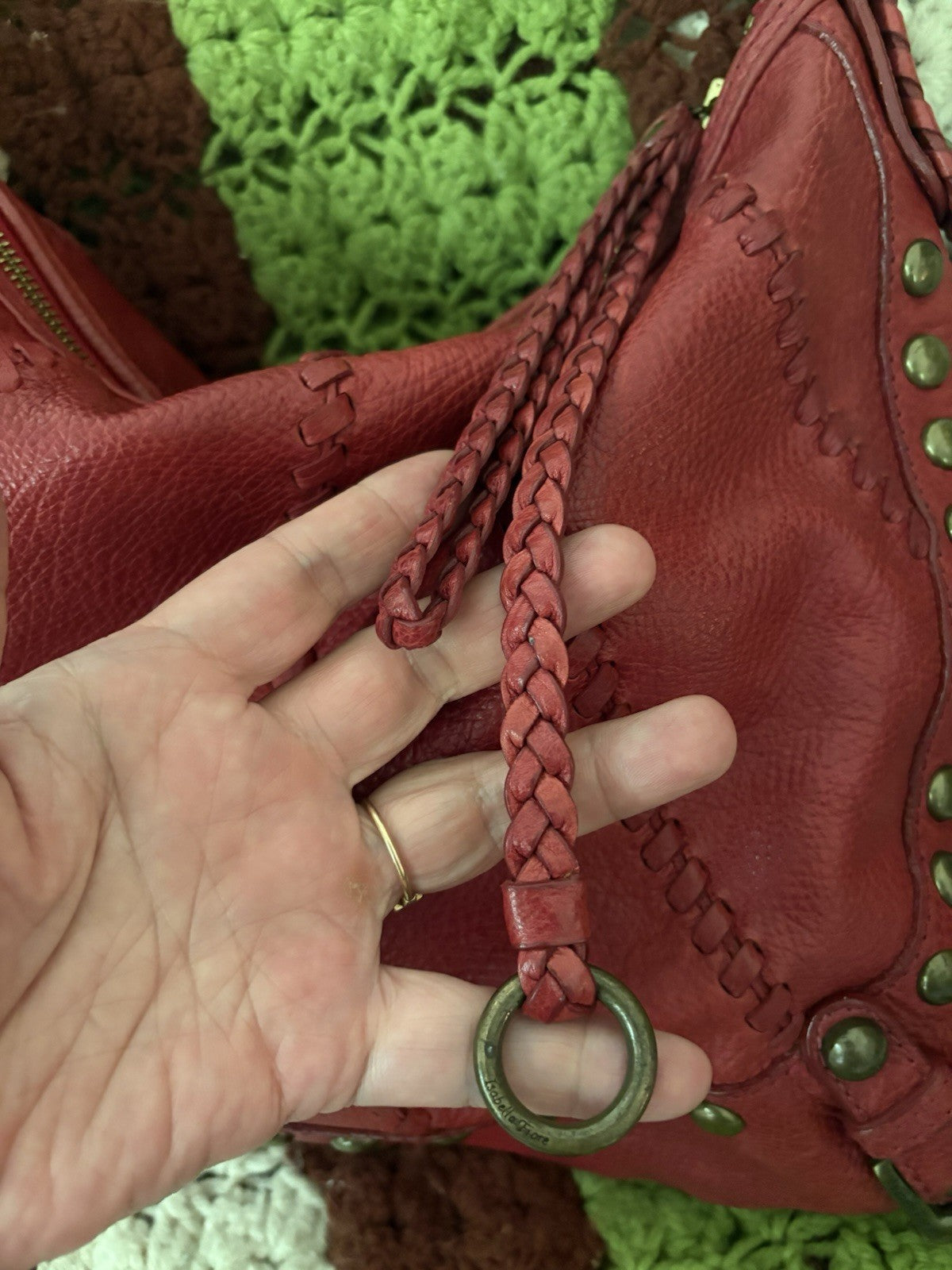 Isabella Fiore Audra Studded Leather Hobo Bag Red