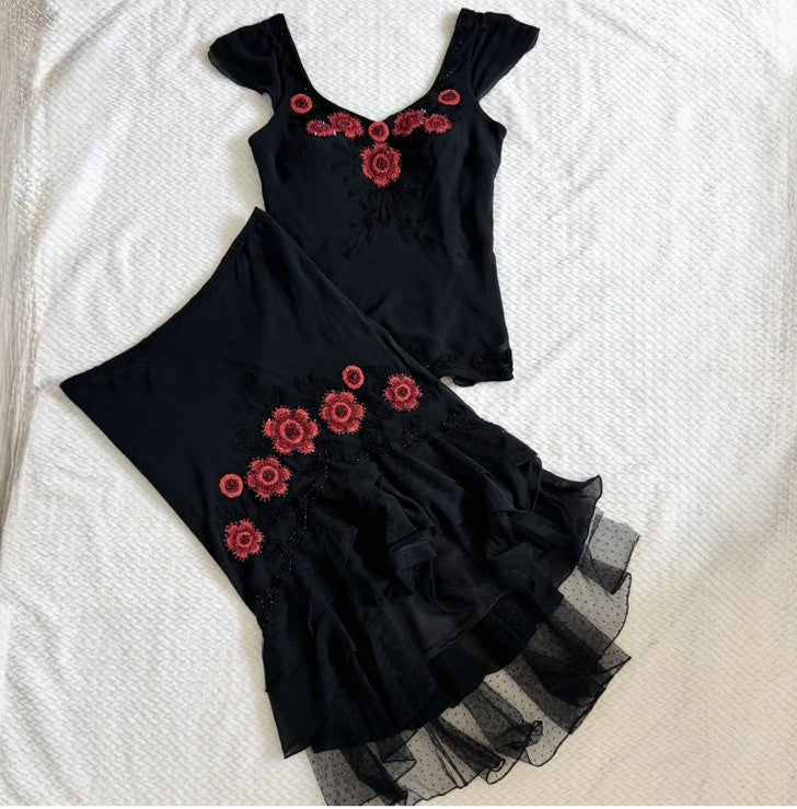 Sue Wong Vintage Silk Beaded Embroidered Skirt Top Set Size 6 Black