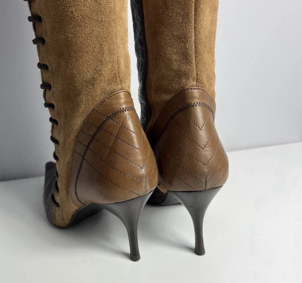 Vintage Avant Garde Just Cavalli Leather Knee High Boots Brown Croc Pointed Toe