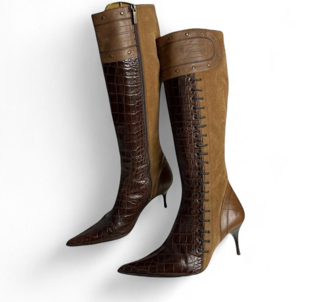 Vintage Avant Garde Just Cavalli Leather Knee High Boots Brown Croc Pointed Toe