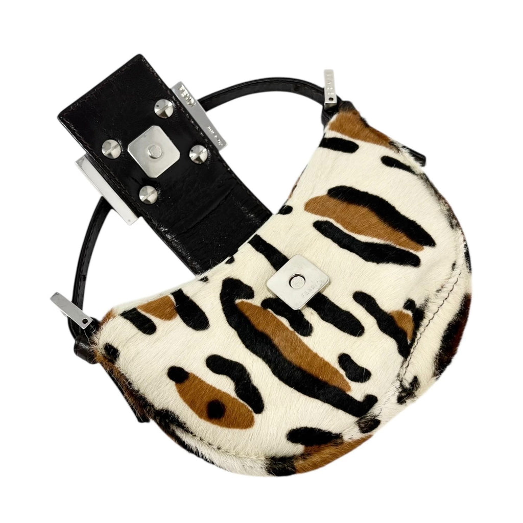 FENDI Vintage Logo Leopard Pony Calf Hair Micro Croissant Handbag Bag White