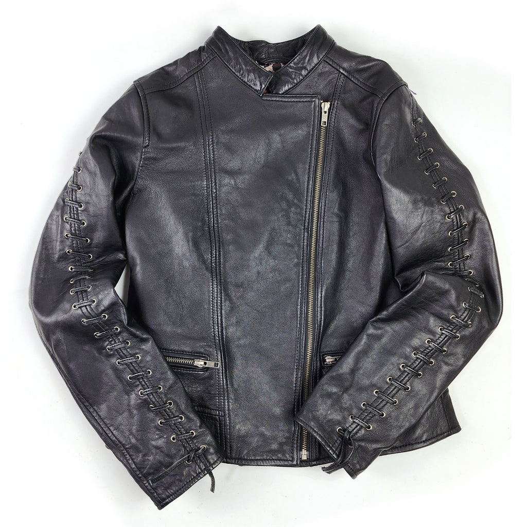 Excelled Leather Jacket Women’s Small Black Leather Short Biker Moto Lace Up