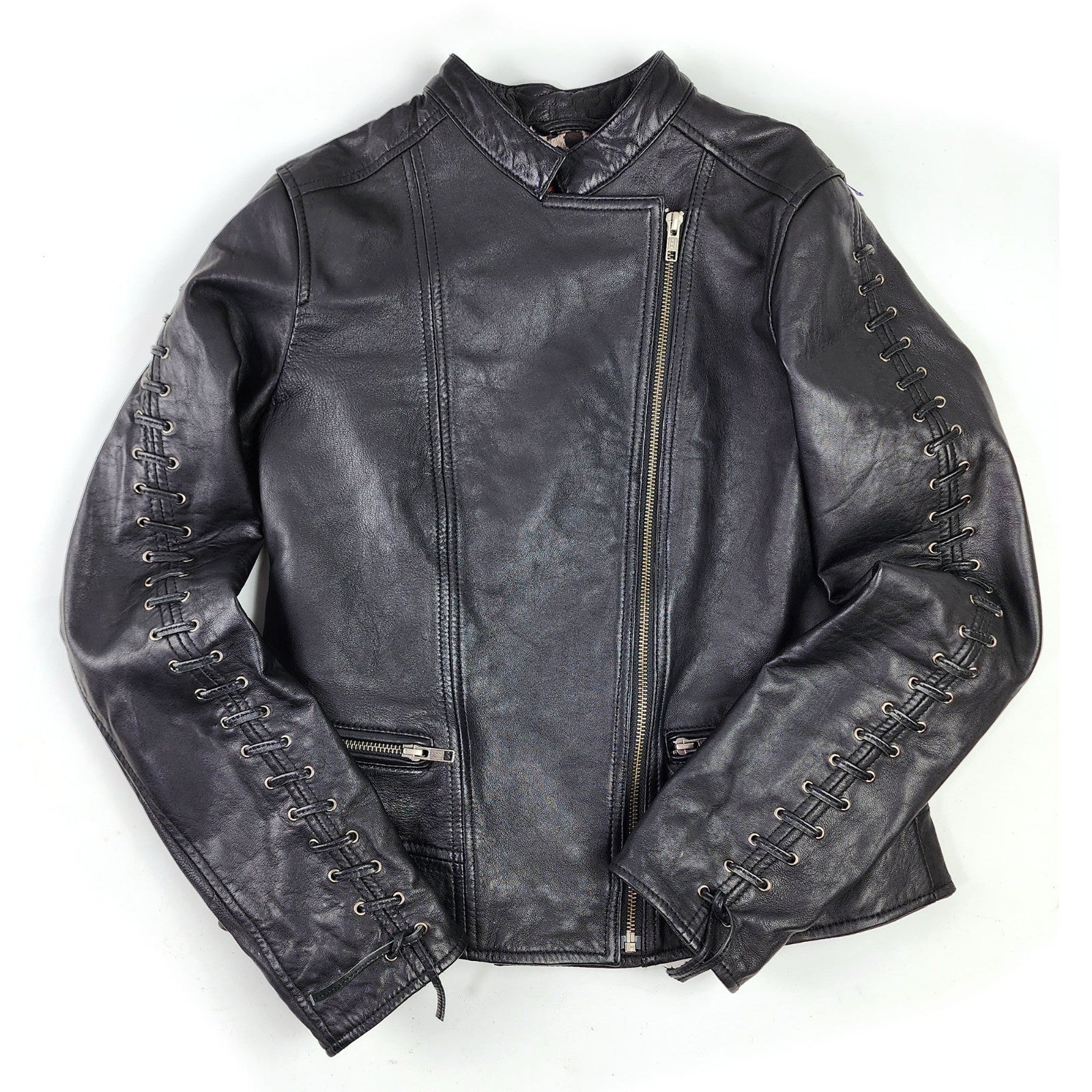 Excelled Leather Jacket Women’s Small Black Leather Short Biker Moto Lace Up