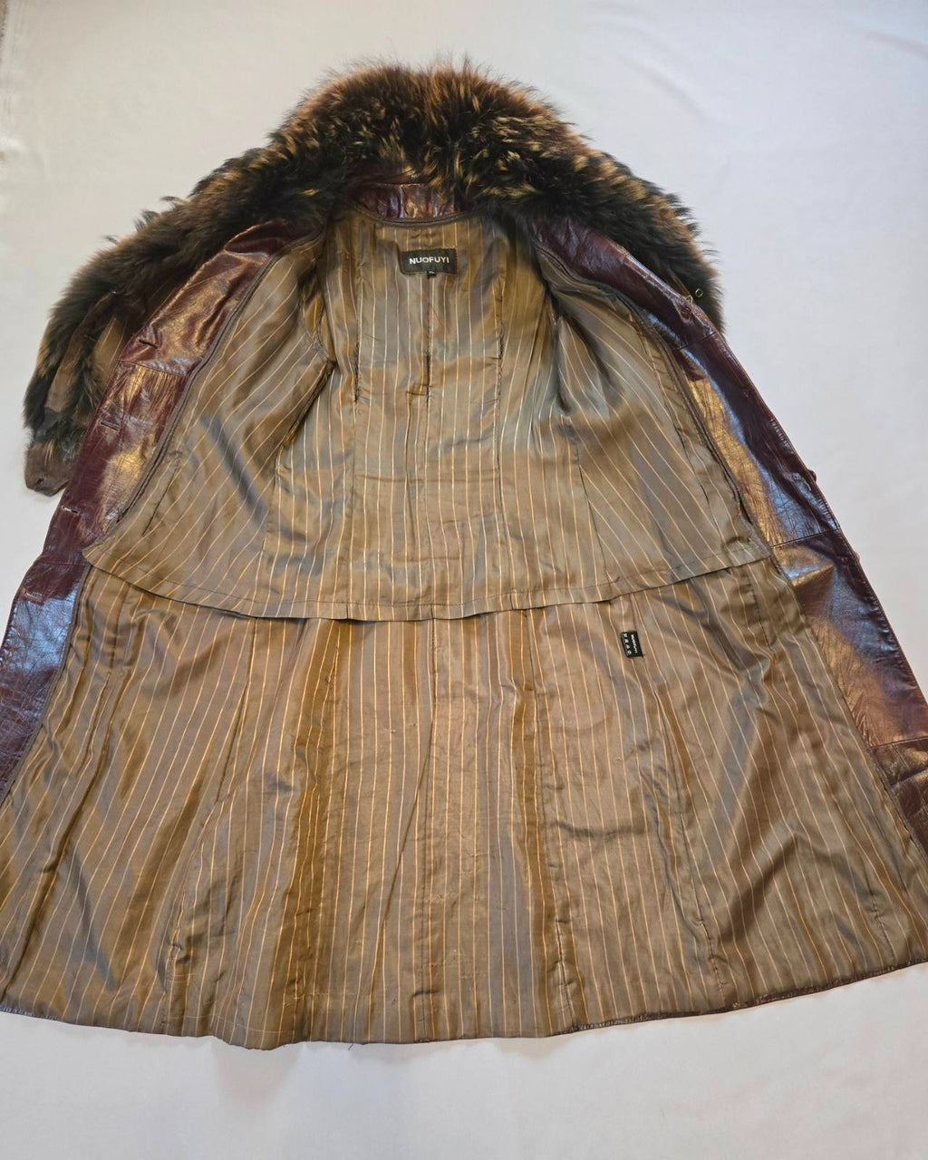 Vintage Long Leather Coat with Removable Fur Collar Brown Women's