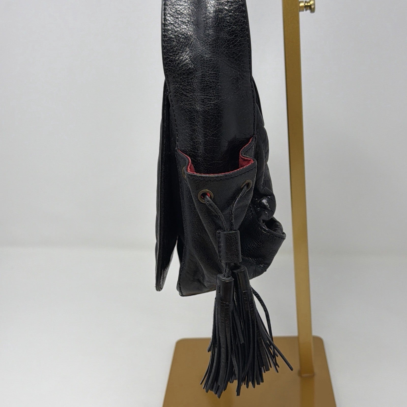 Francesco Biasia Vintage Black Leather Butterfly Embroidered Tassel Boho Bag