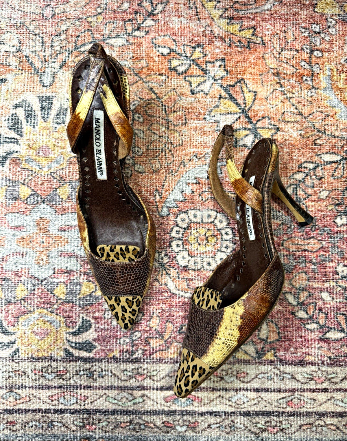 Manolo Blahnik Snakeskin Leopard Print Pointed Toe Slingback Heels US 6