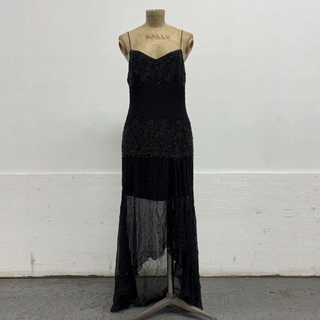 Vintage Y2K Black Heavily Beaded Silk Tassel Dress