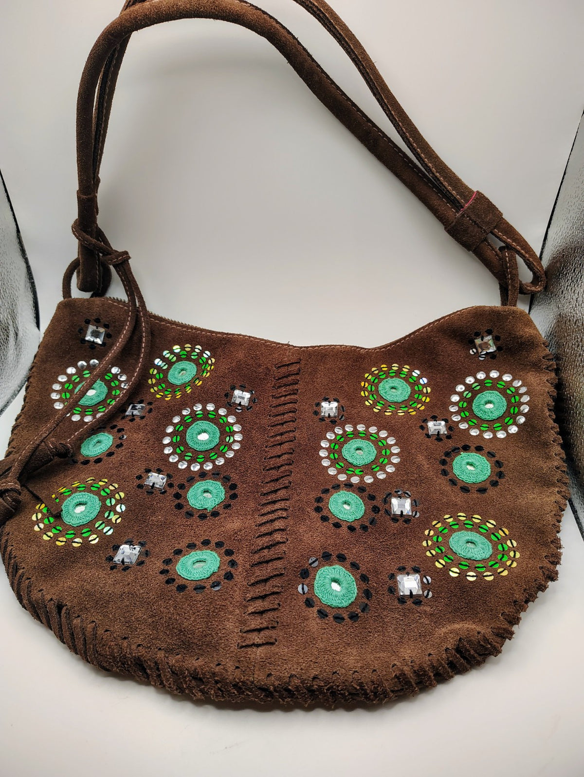 Gap Suede Shoulder Bag Brown and Blue Beaded Boho