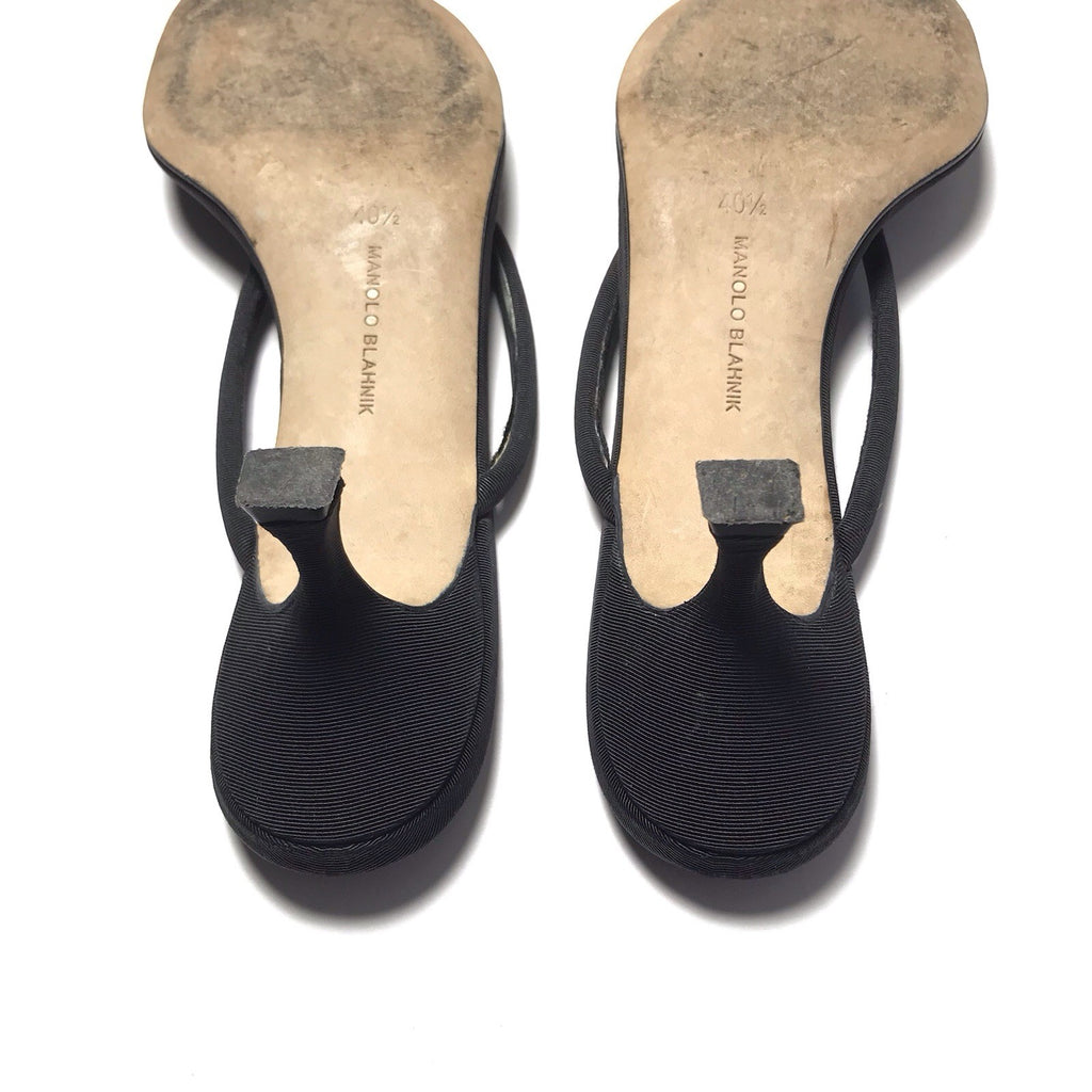 Manolo Blahnik Y2K Vintage Crystal Thong Sandal Black Fabric Kitten Heels 40.5