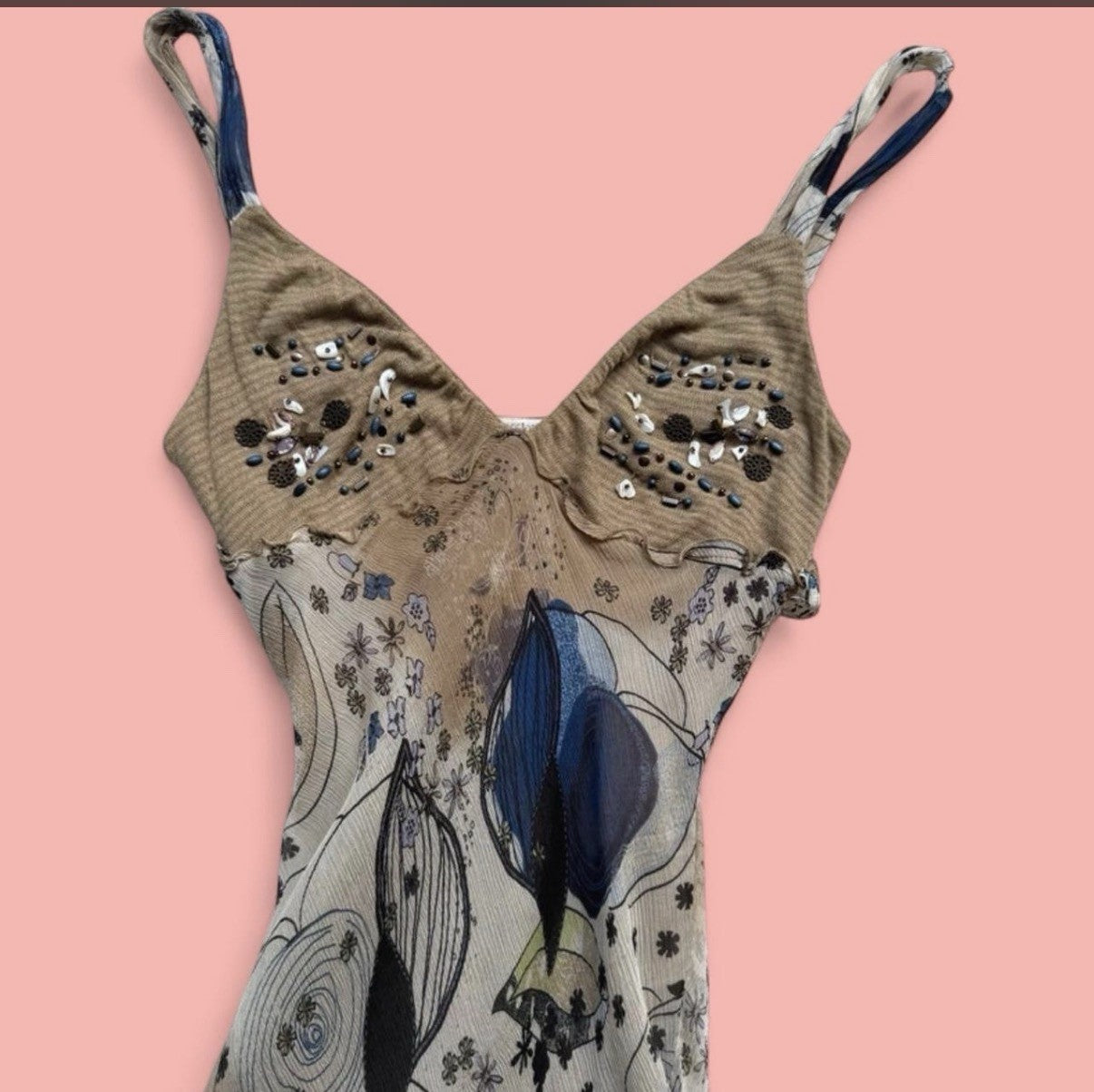 Passion Abstract Print Beaded Silk Dress 2000s Small