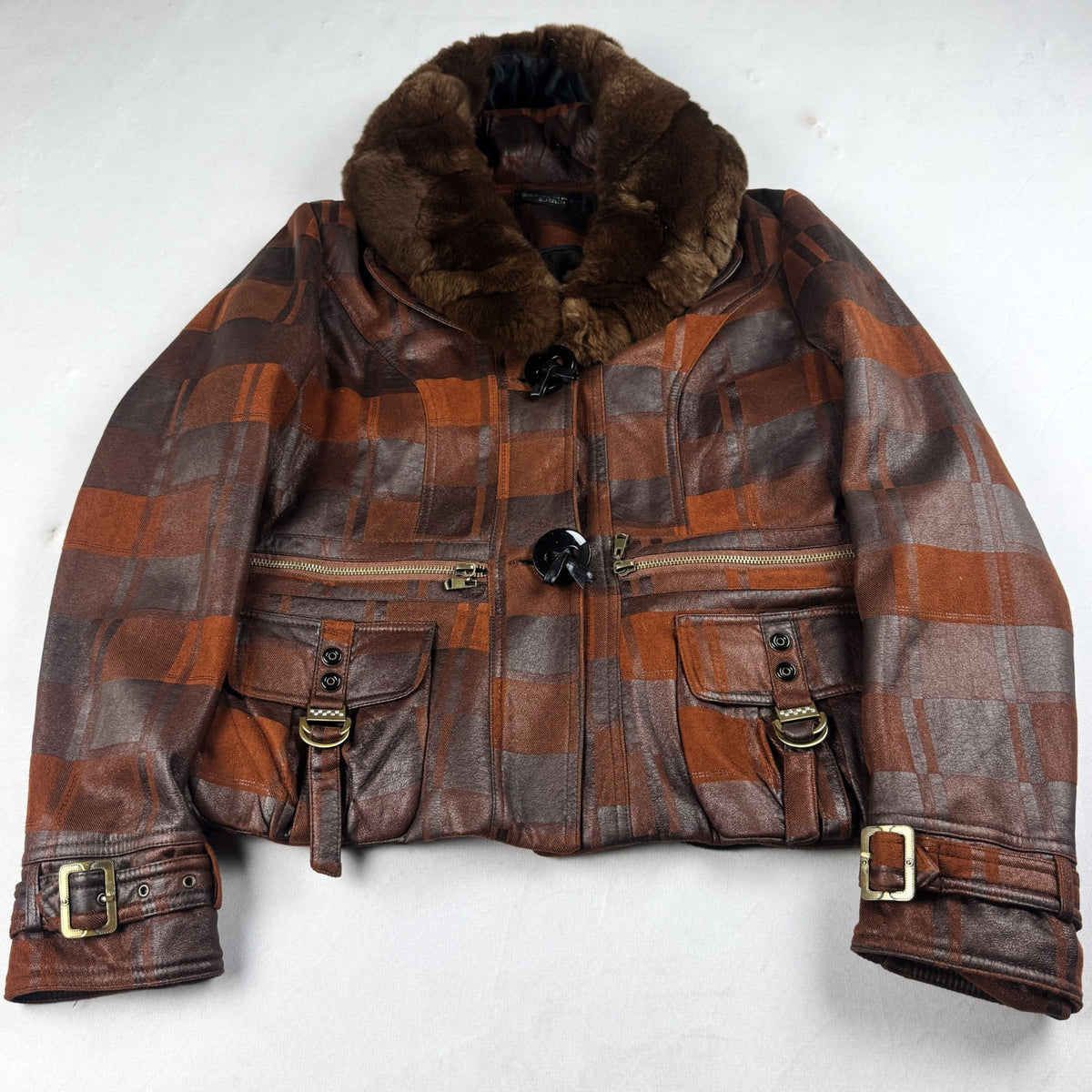Vintage Brown Plaid Leather Jacket with Fur Collar