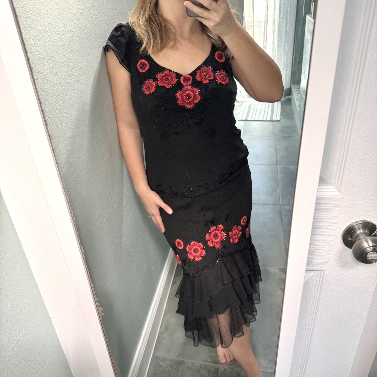 Sue Wong Vintage Silk Beaded Embroidered Skirt Top Set Size 6 Black