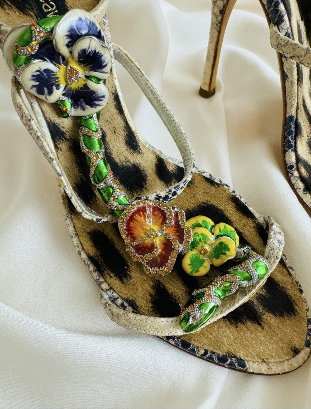 Roberto Cavalli 2000s Snake and Flower Enamel Rhinestone Heels