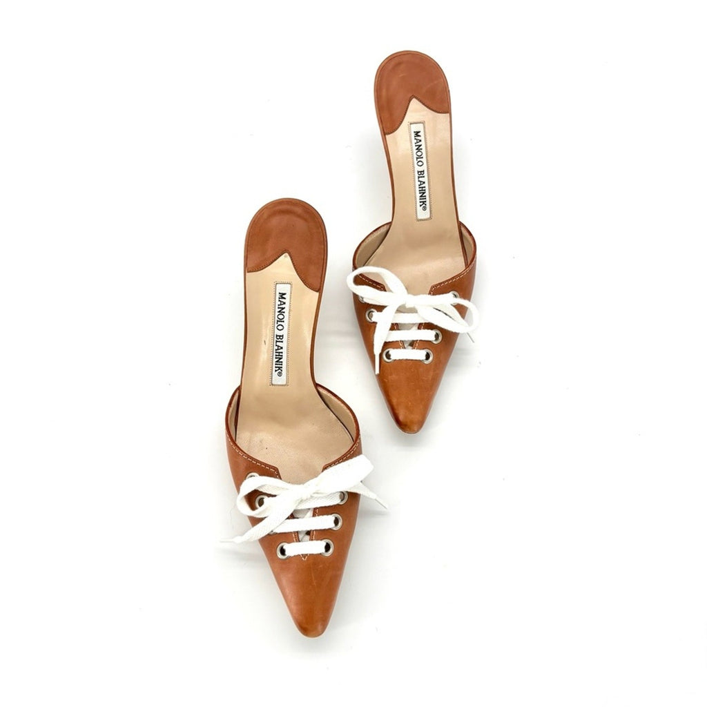 Vintage Manolo Blahnik Bow Laceup Brown Leather Pointed Toe Heeled Mules 37.5