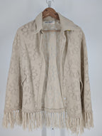 Vintage 70s Hippie Boho Floral Knit Beige Fringe Cape Poncho OS Sweater Button