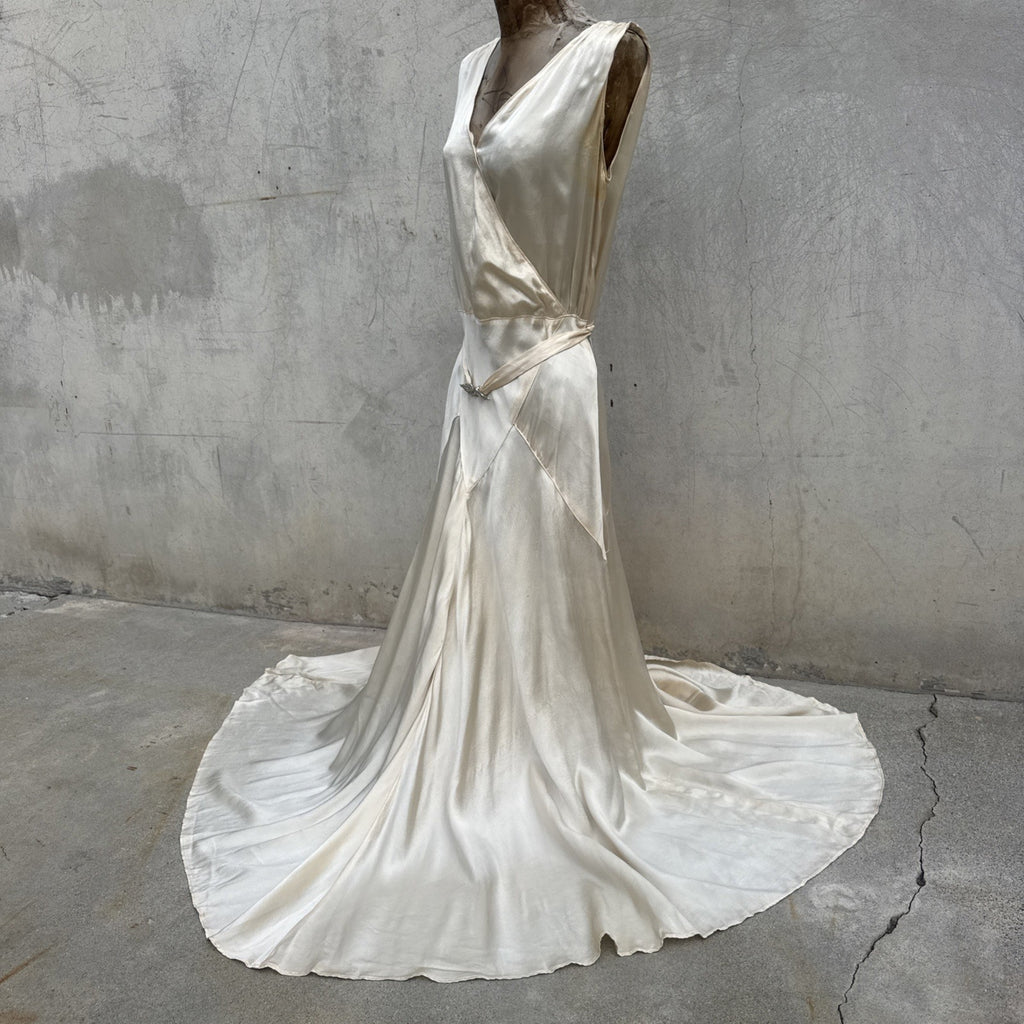 Vintage 1930s White Candlelight Silk Satin Gown Bias Cut Wedding Bridal Dress