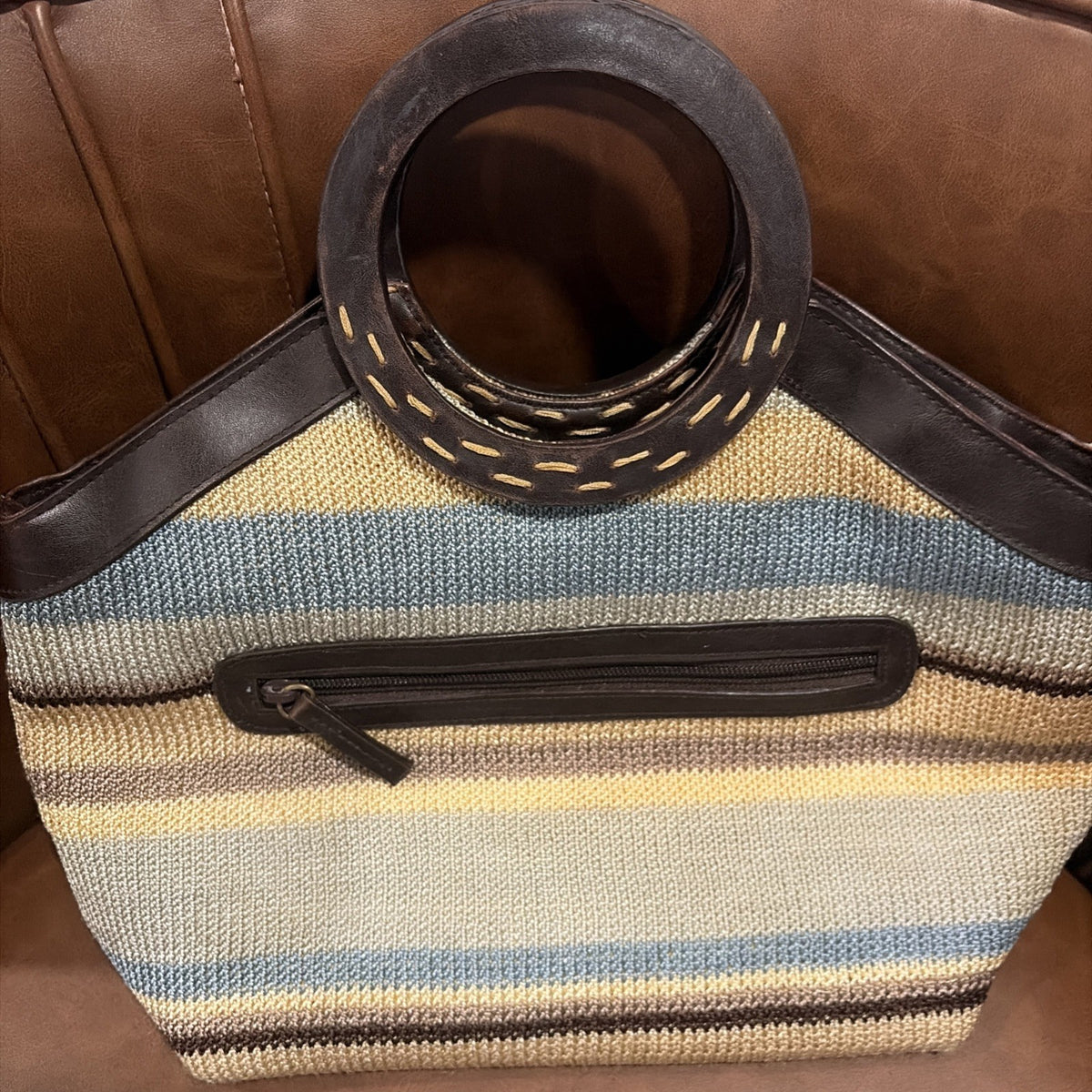 Vintage 1990s Y2K Knit Woven Handle Bag Brown Trim
