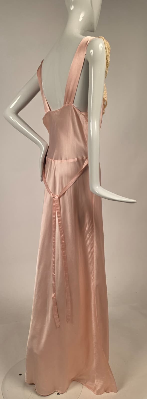 1930s Pink Satin Slip Dress with Ivory Ruffle Lace Top