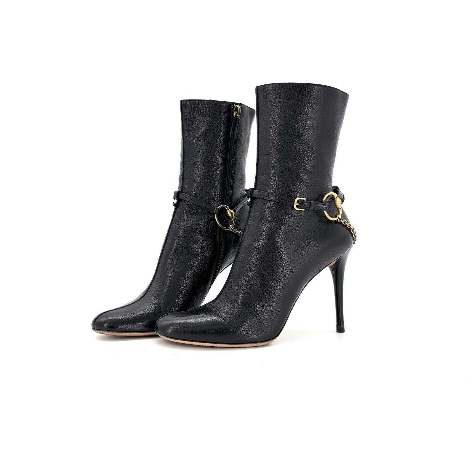 Vintage Gucci Horsebit Chain Harness Black Leather Ankle High Heeled Boots 39.5