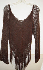 Vintage Long Sleeve Sheer Crochet Top Brown Beaded Fringe Y2K