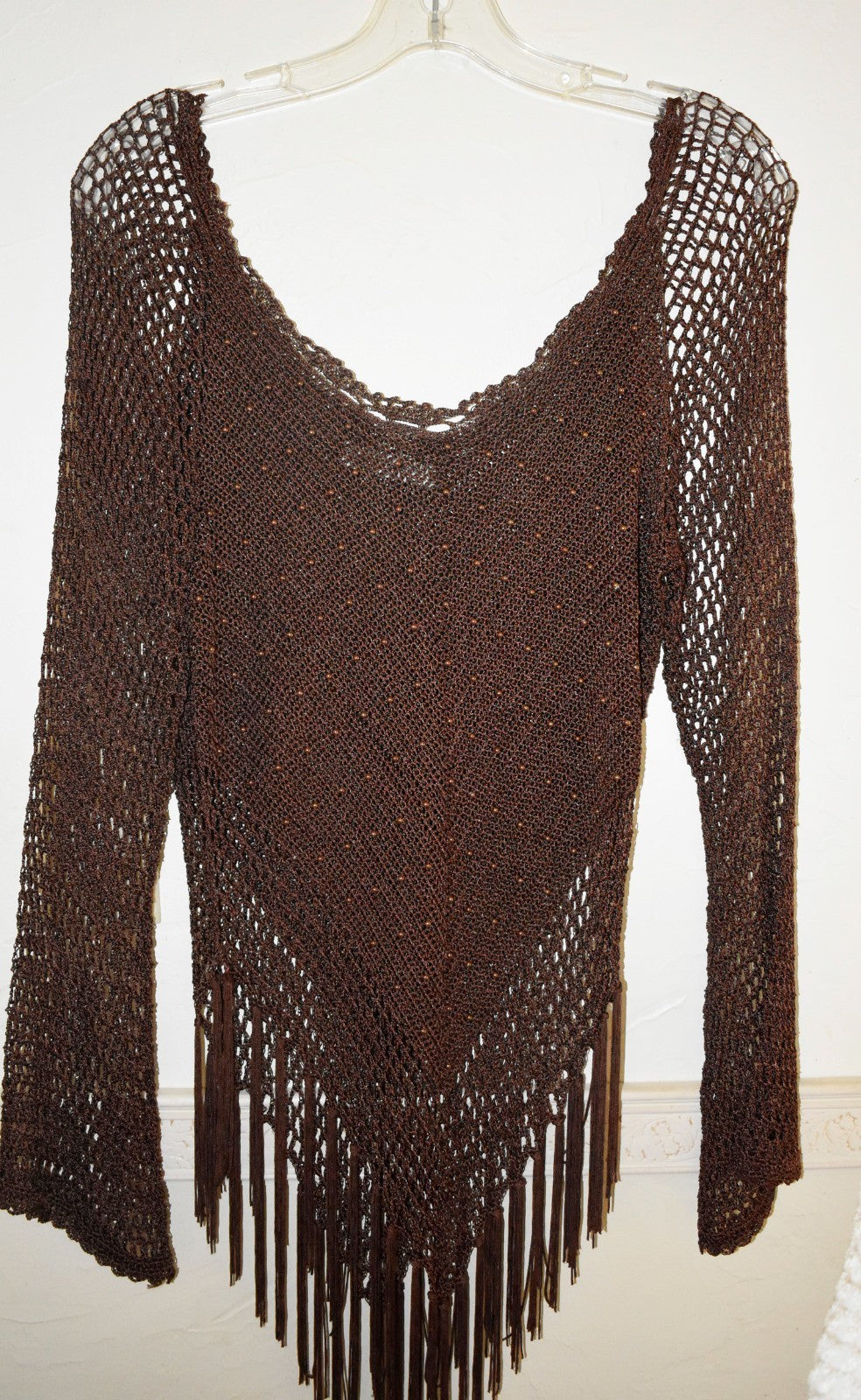 Vintage Long Sleeve Sheer Crochet Top Brown Beaded Fringe Y2K
