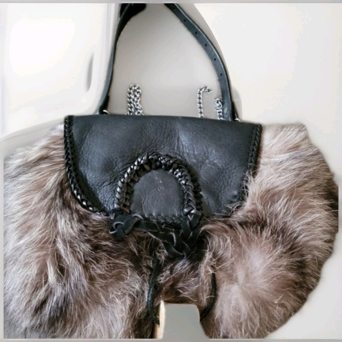 Black Leather Shoulder Bag with Brown Fur Trim