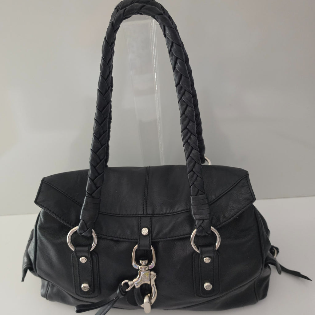 Francesco Biasia Large Black Leather Braided Shoulder Bag