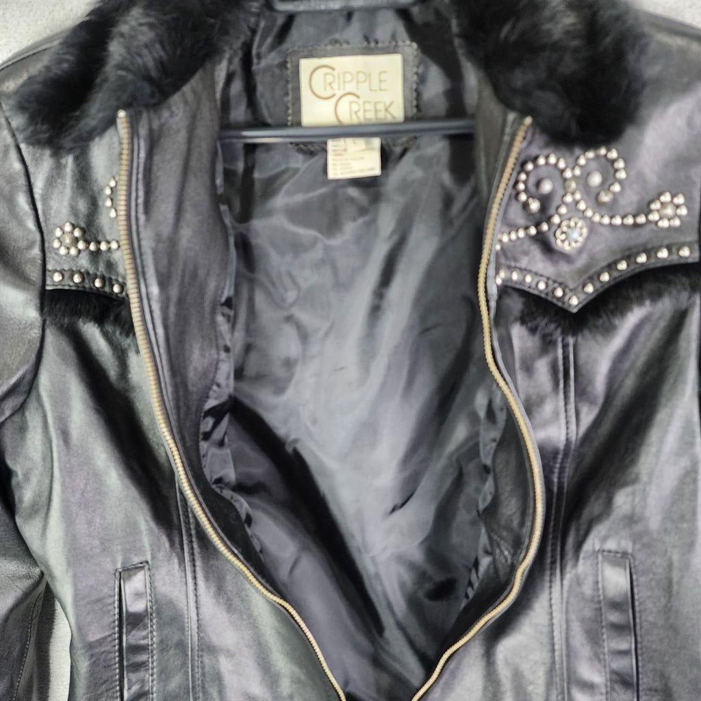 Cripple Creek Studded Black Leather Jacket with Faux Fur Large