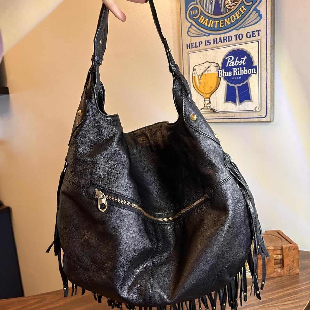 Vintage Black Leather Fringe Hobo Bag with Studs