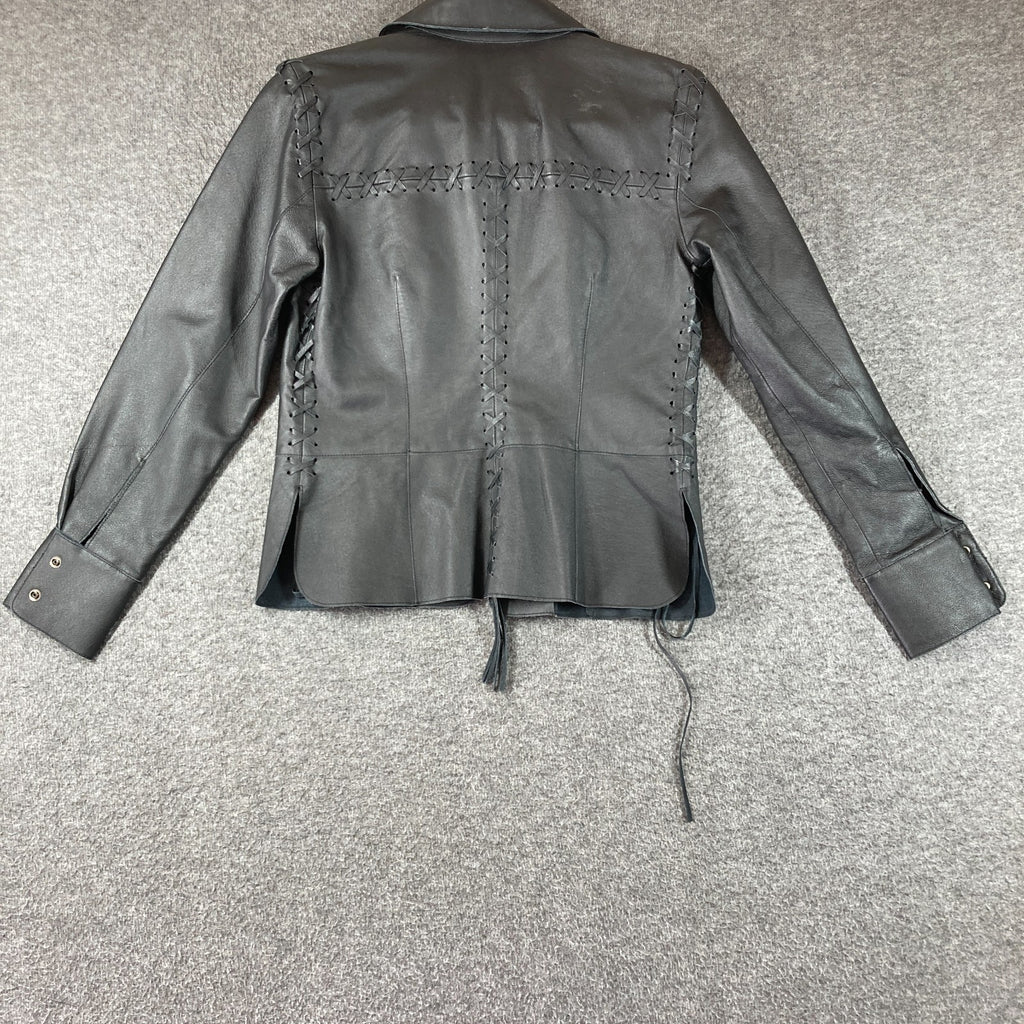Vintage Newport News Leather Biker Shirt Womens 4 Black Lace Up Detail Snap