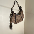 Gucci Brown Beige GG Logo Shoulder Bag Tassel Bamboo Silver Hardware Zip