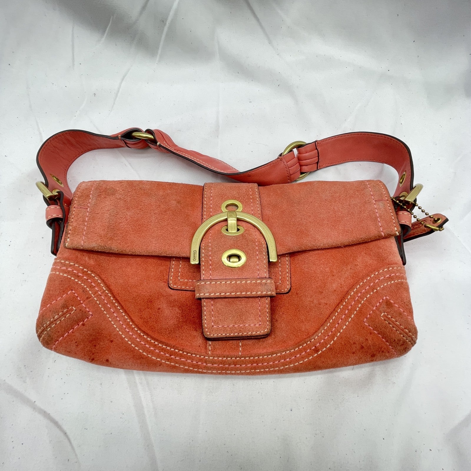 Vintage Coach Y2K Demi Soho Flap Shoulder Bag Suede 8A18 Salmon Pink Pre-Owned