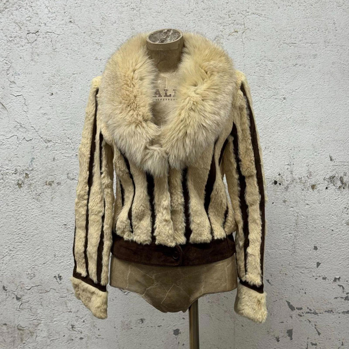 Vintage Y2K Striped Rabbit Fur and Suede Jacket with Fox Collar