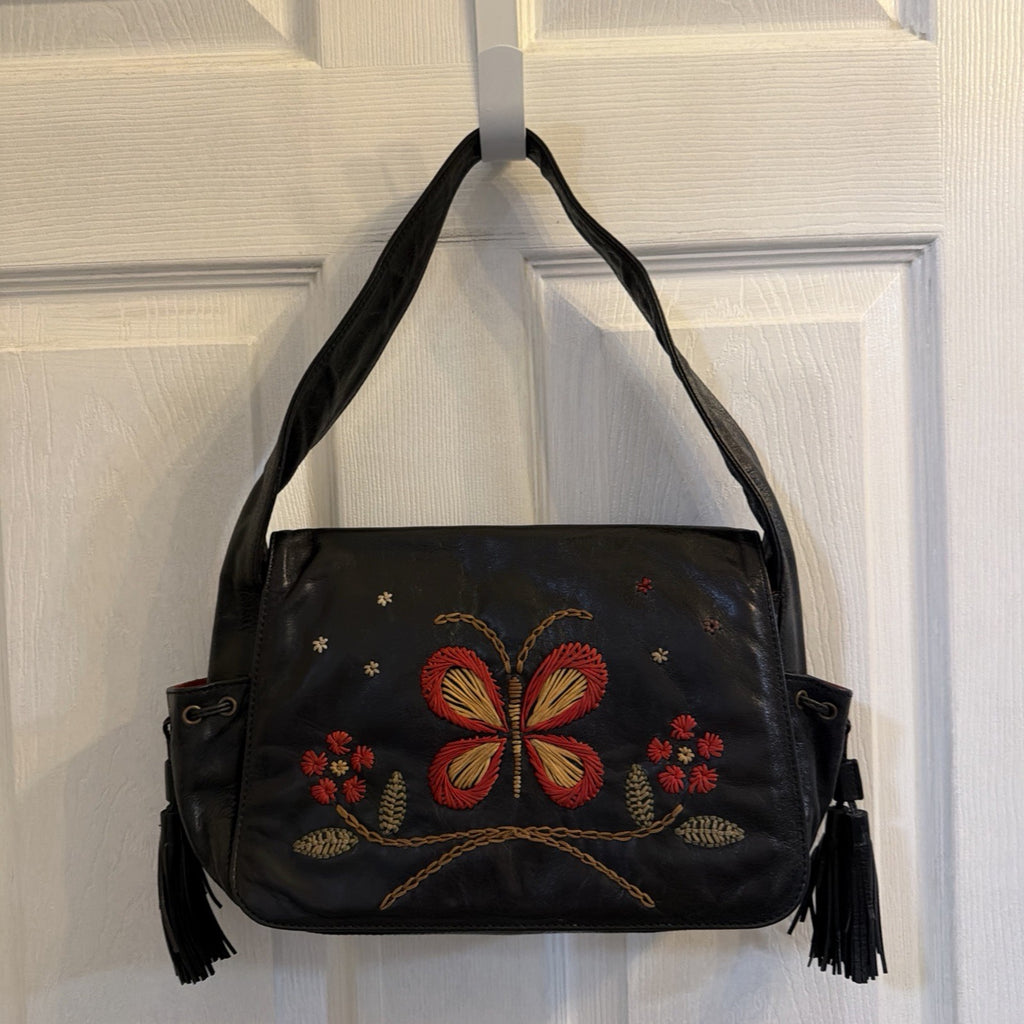 Francesco Biasia Vintage Black Leather Butterfly Embroidered Tassel Boho Bag