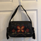 Francesco Biasia Vintage Black Leather Butterfly Embroidered Tassel Boho Bag