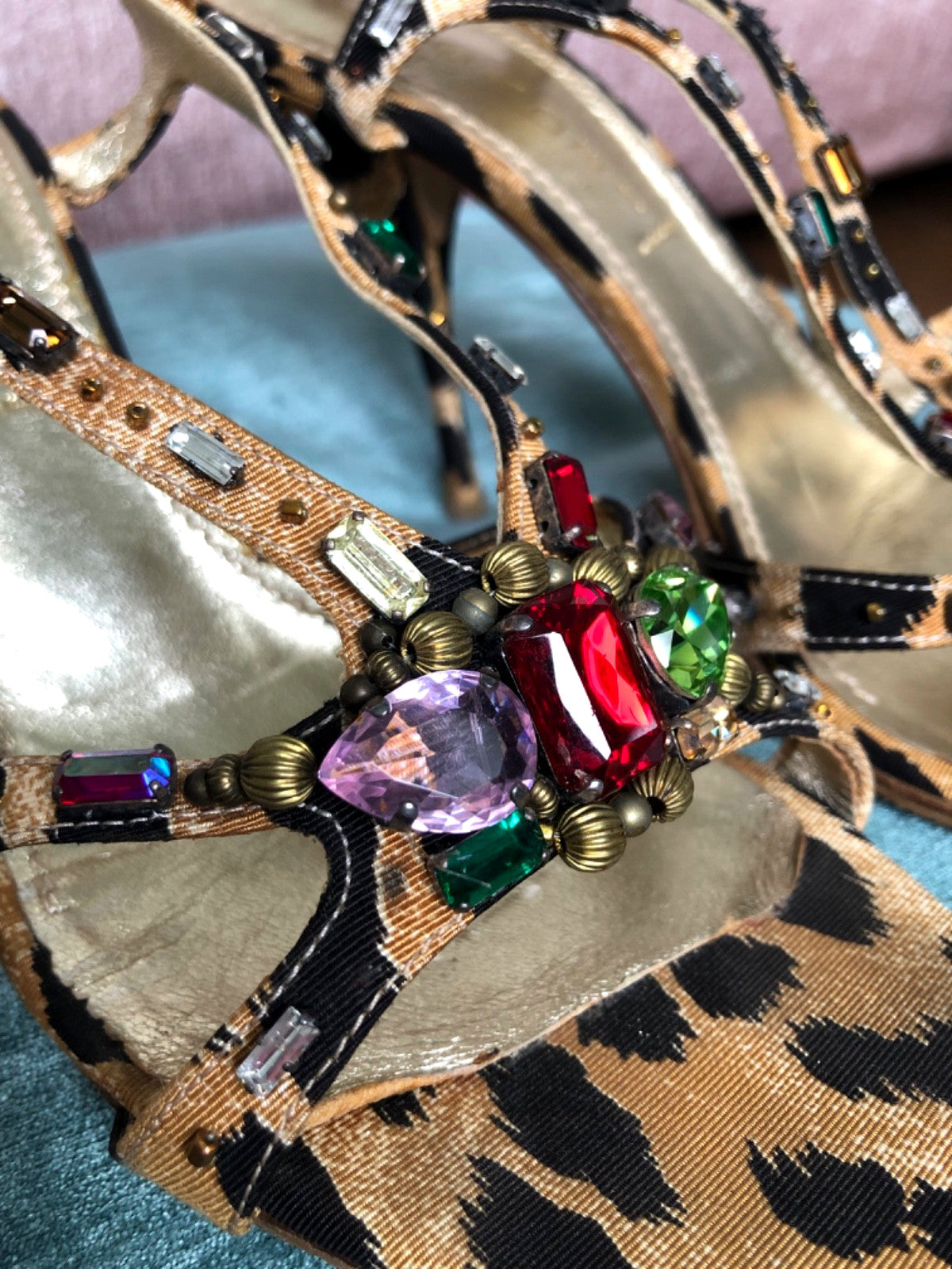 Vintage Casadei Leopard Rhinestone Sandals Y2K Crystal Slingback Heels 9.5 Flaw