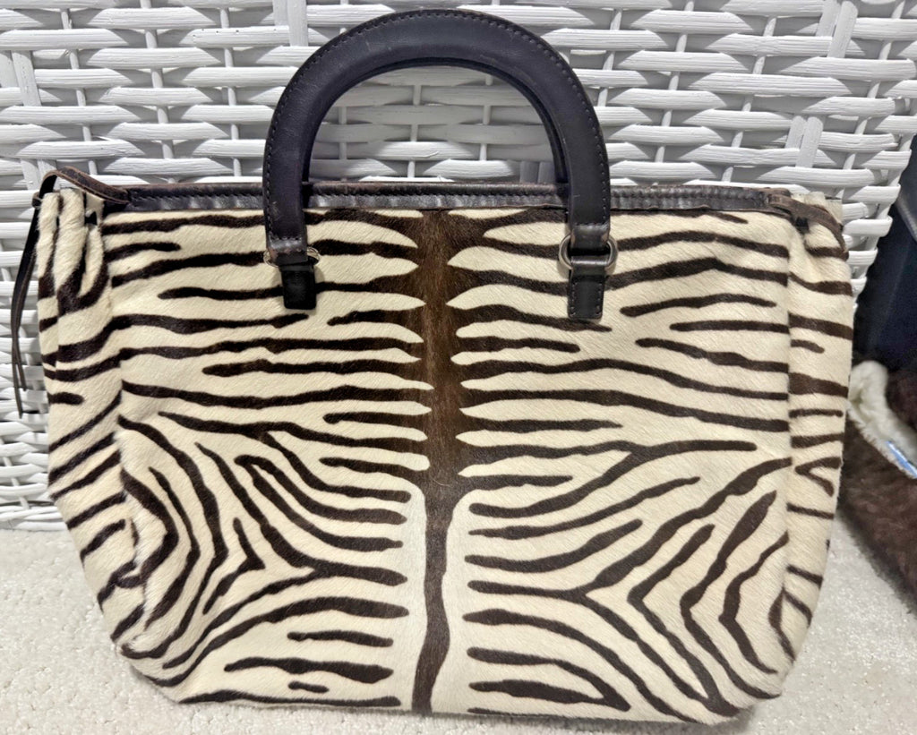Prada Vintage Zebra Pony Hair Tote Bag Brown Ivory Leather Handbag Italy Rare