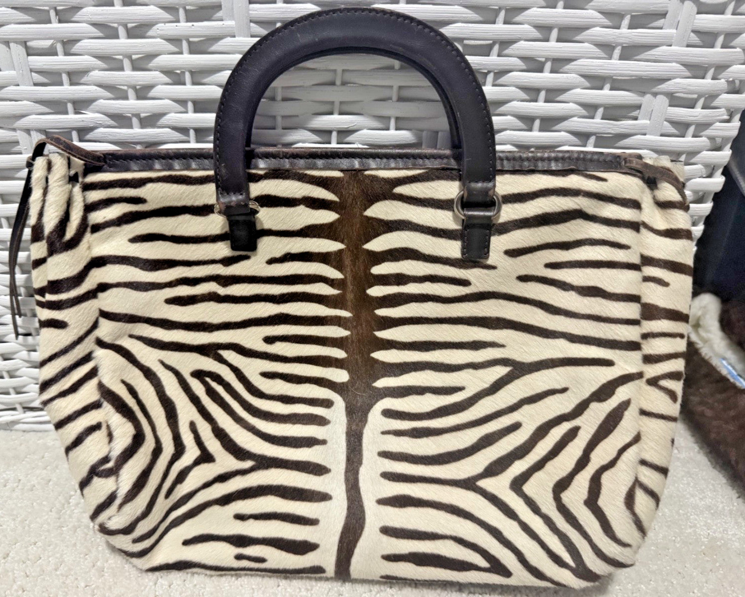 Prada Vintage Zebra Pony Hair Tote Bag Brown Ivory Leather Handbag Italy Rare
