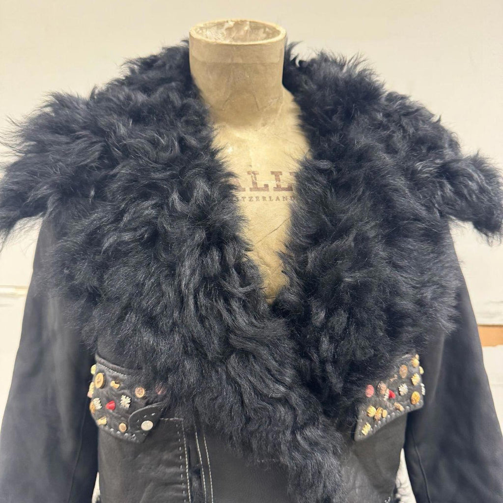 Vintage Black Gold Embellished Leather and Shearling Statement Jacket