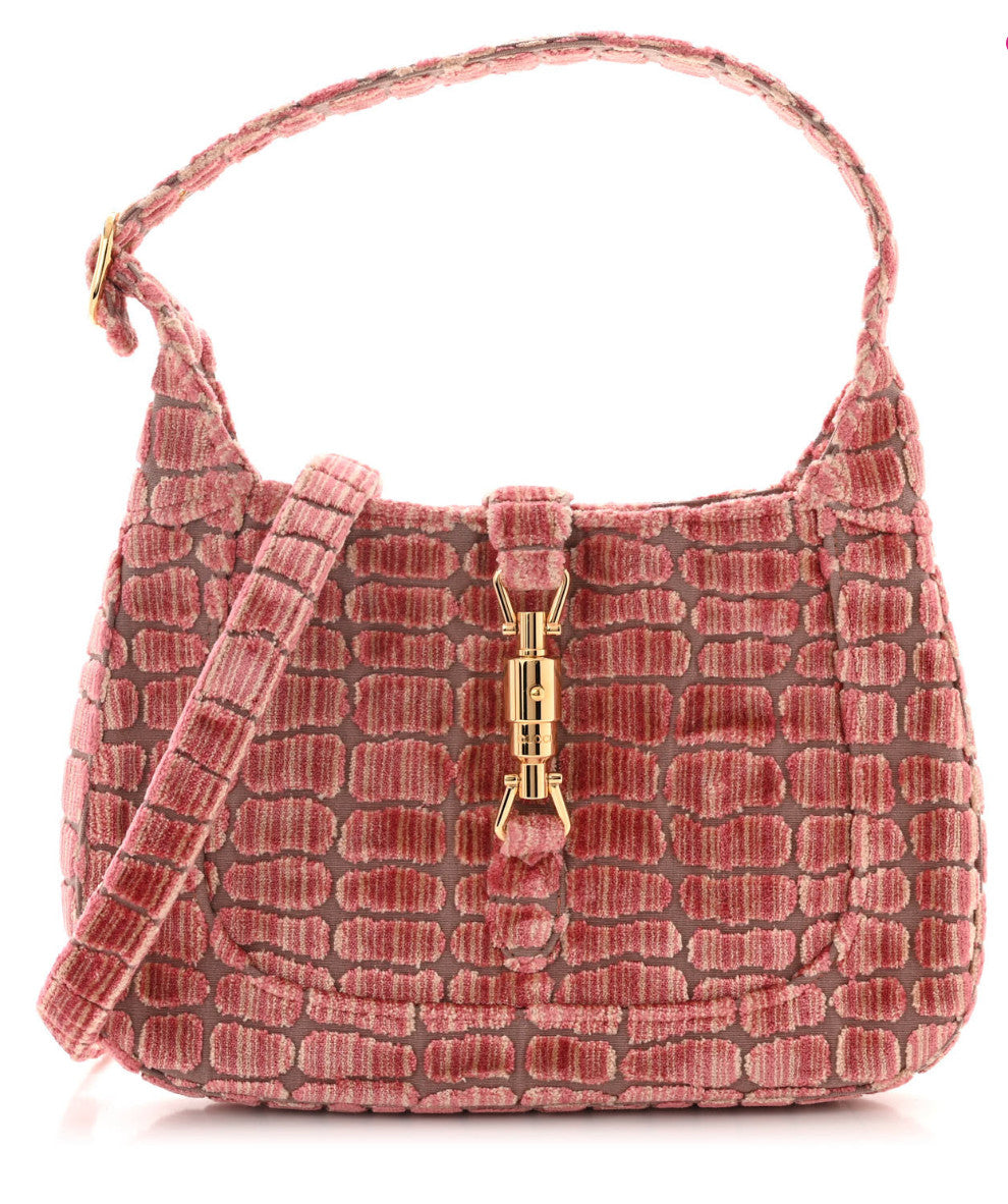 GUCCI Jackie 1961 Velvet Crocodile Jacquard in Pink & Taupe Excellent Condition
