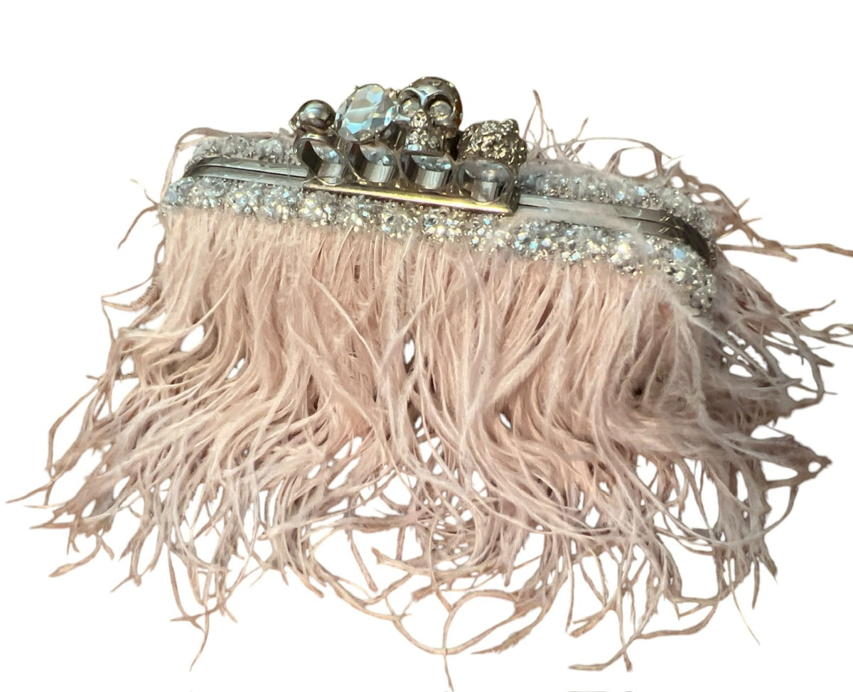 Alexander McQueen Vintage Pink Feather Knuckle Duster Skull Clutch