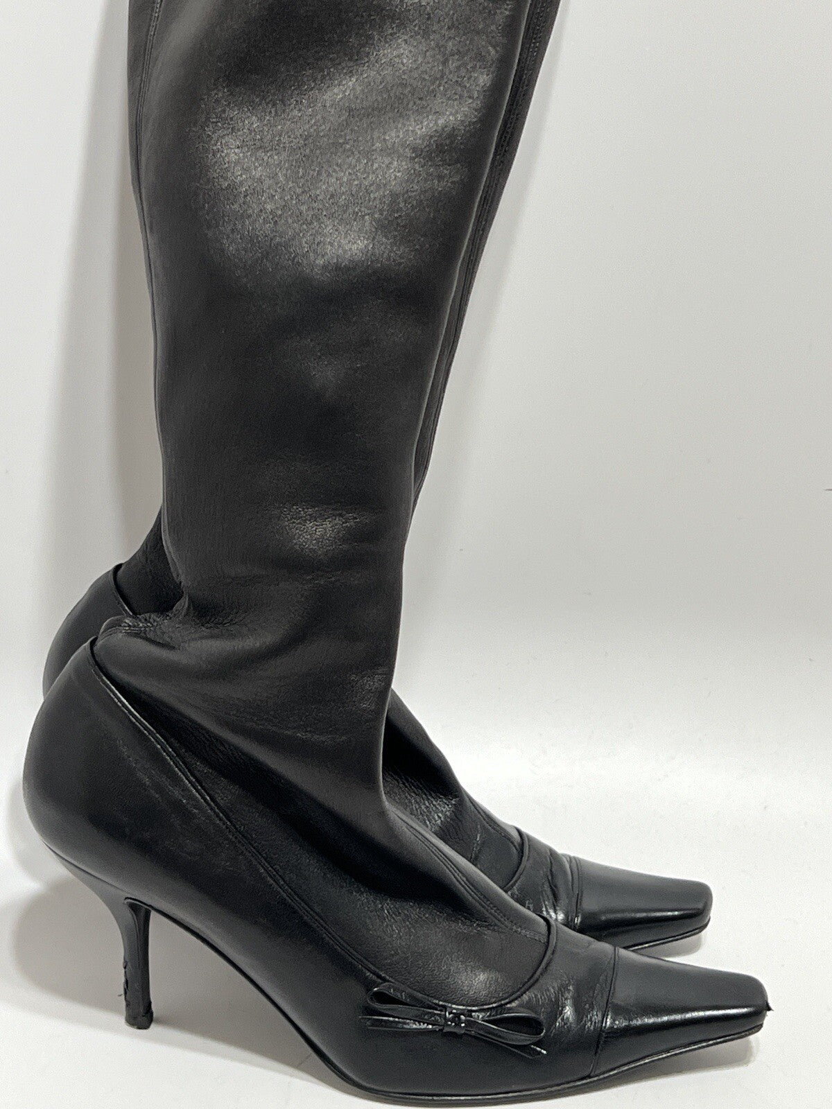 Vtg CHANEL BLACK LEATHER CC LOGO SOCK BOOTS 39
