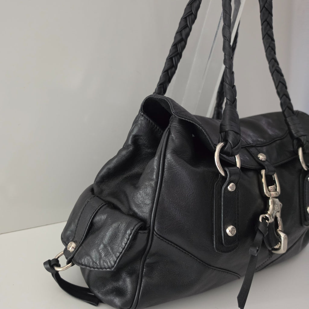 Francesco Biasia Large Black Leather Braided Shoulder Bag