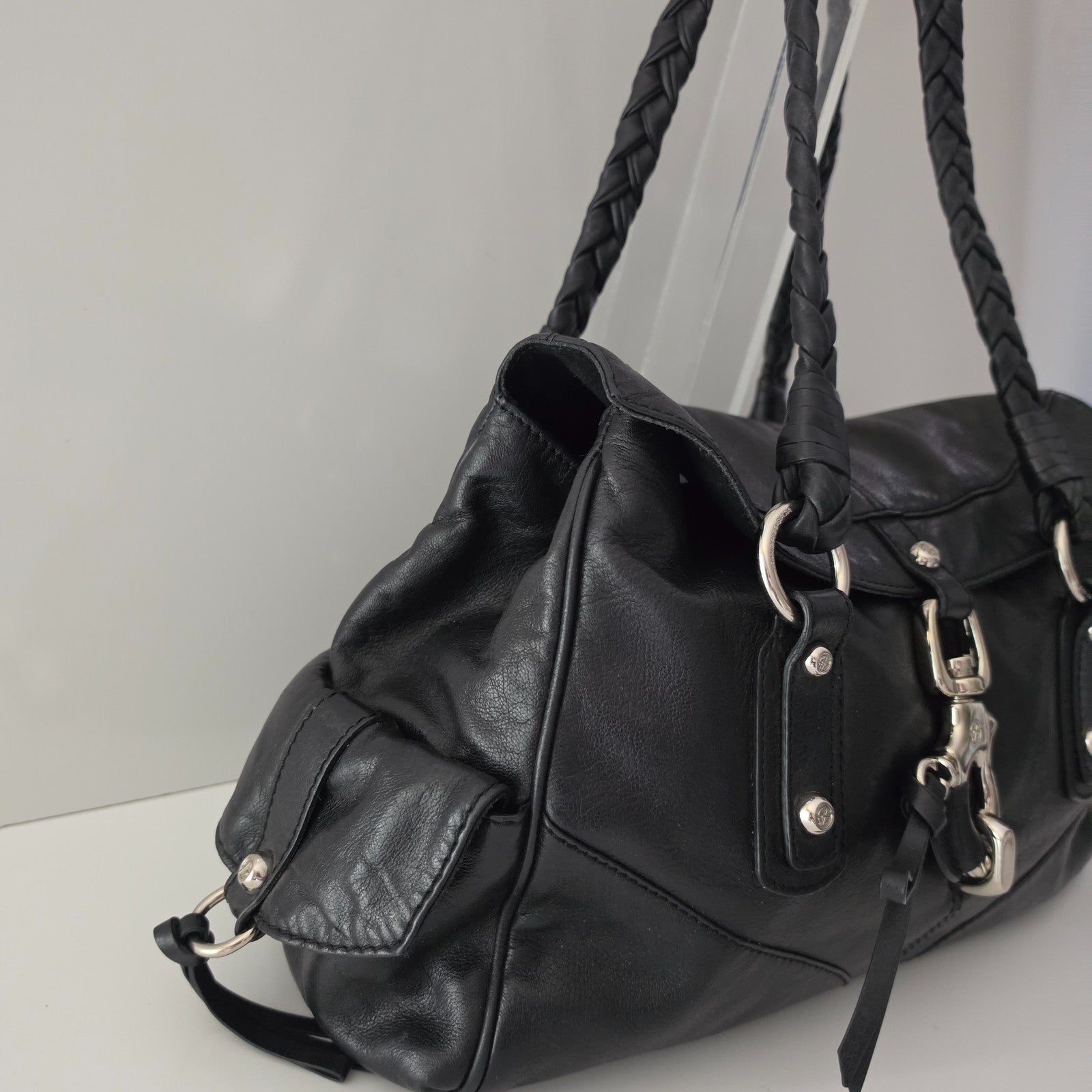 Francesco Biasia Large Black Leather Braided Shoulder Bag