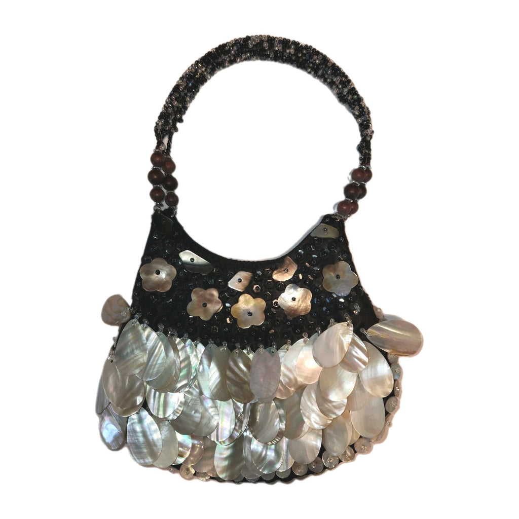 Vintage Black Satin Handbag With mother-of-pearl Shell Fringe & Beads Small 6X7"