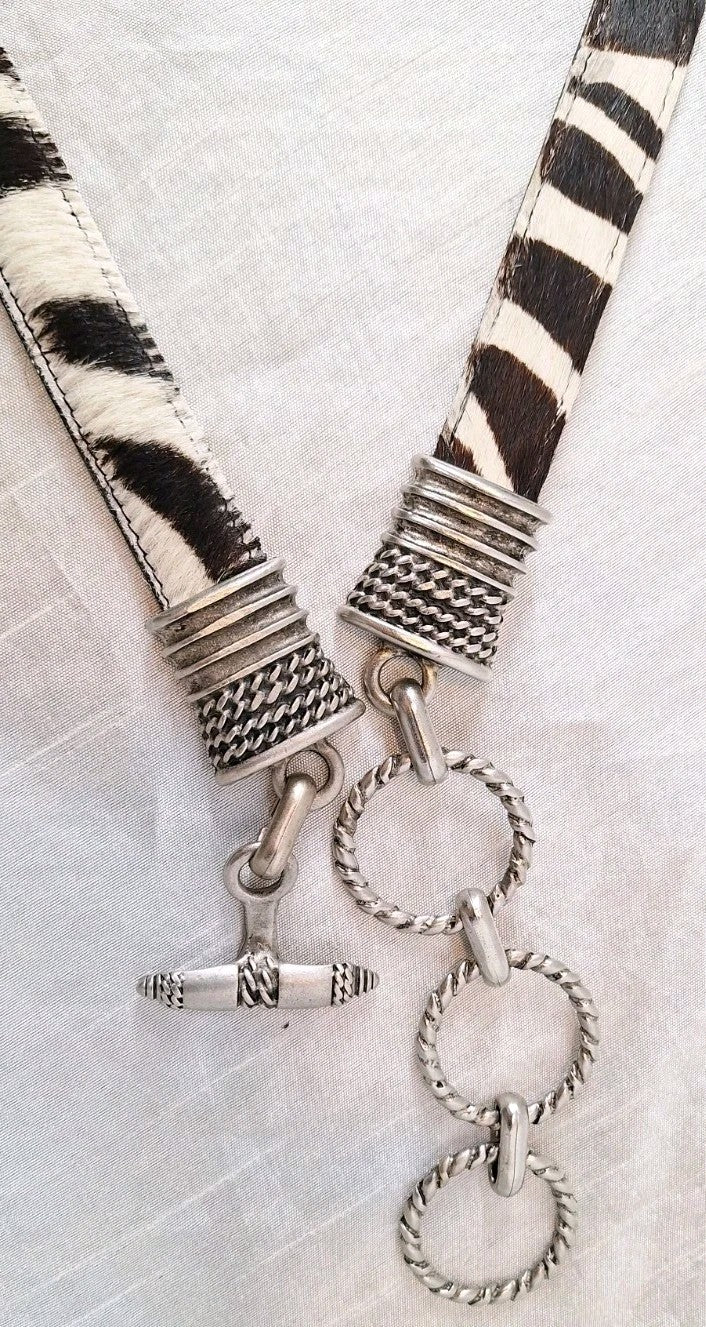 VTG Genuine Leather Calf Hair-On-Hide Metal Link & Toggle Hip Belt Zebra Pattern
