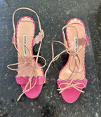 MANOLO BLAHNIK Barbie Pink Leather Scalloped Wrap Ankle Strap Heels