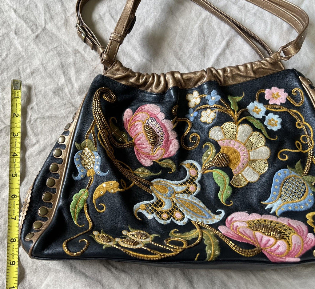 Isabella Fiore Black and Gold Floral Embroidered Leather Shoulder Bag