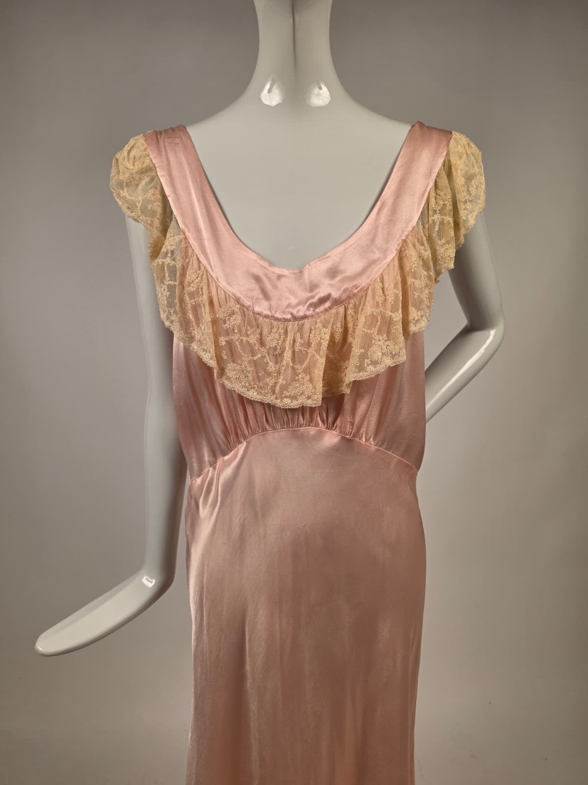 1930s Pink Satin Slip Dress with Ivory Ruffle Lace Top