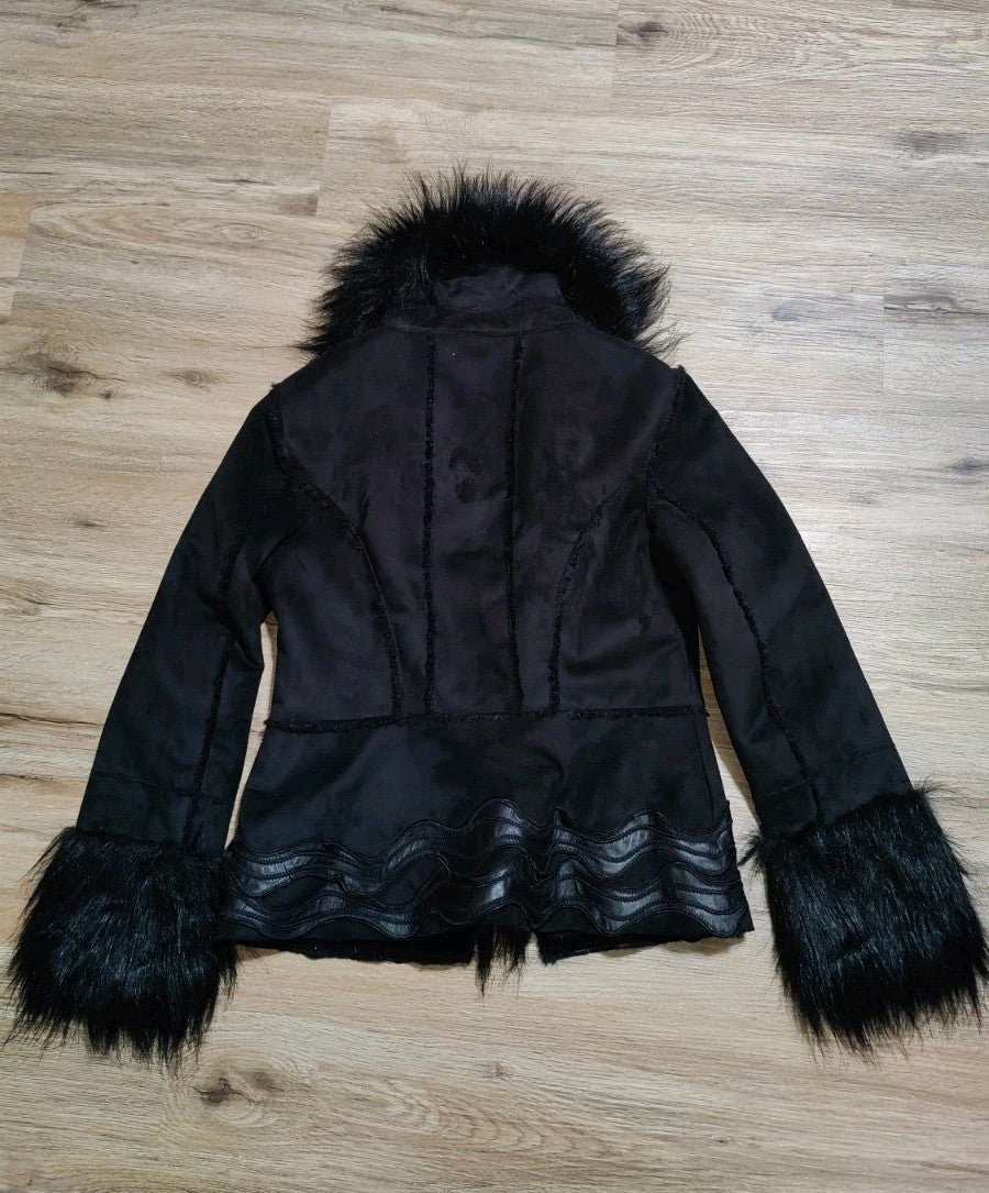 Caché Black Faux Fur Trim Leather Jacket Medium